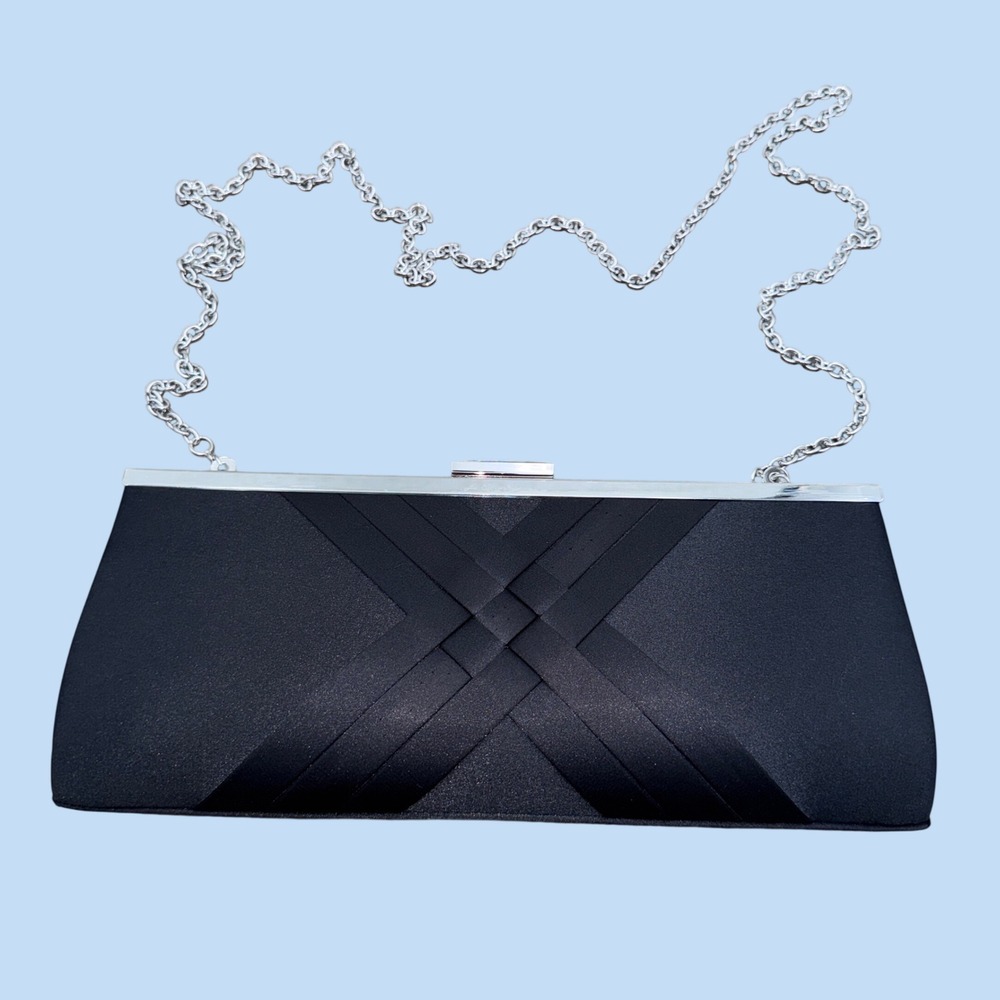 New WOT International Concepts Black Satin Evening Clutch Minaudière Rhinestone